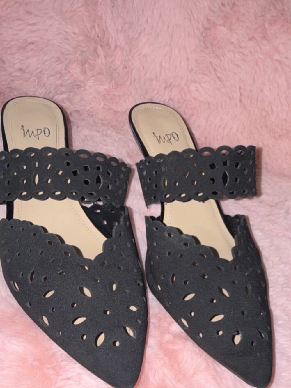 IMPO Cut-Out Black Textile Slip-On Flats Pointed Toe Women Size 11M